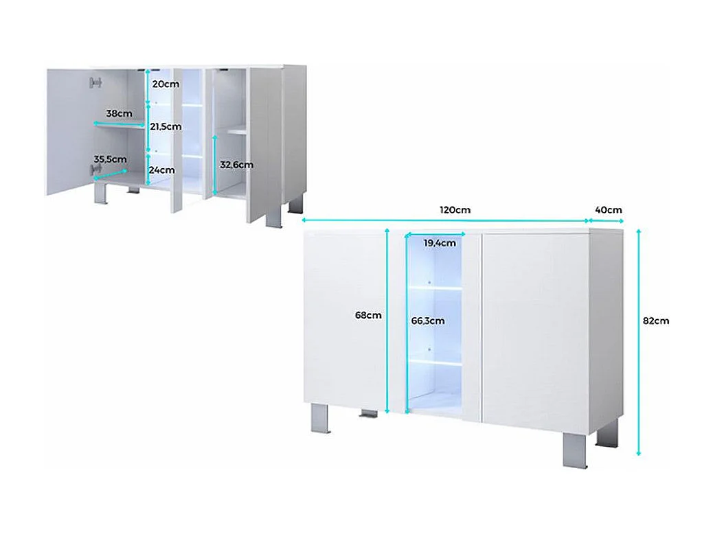 Bahut Buffet pour Salon Salle à manger en Blanc avec LED 120x40x82cm Luke A1