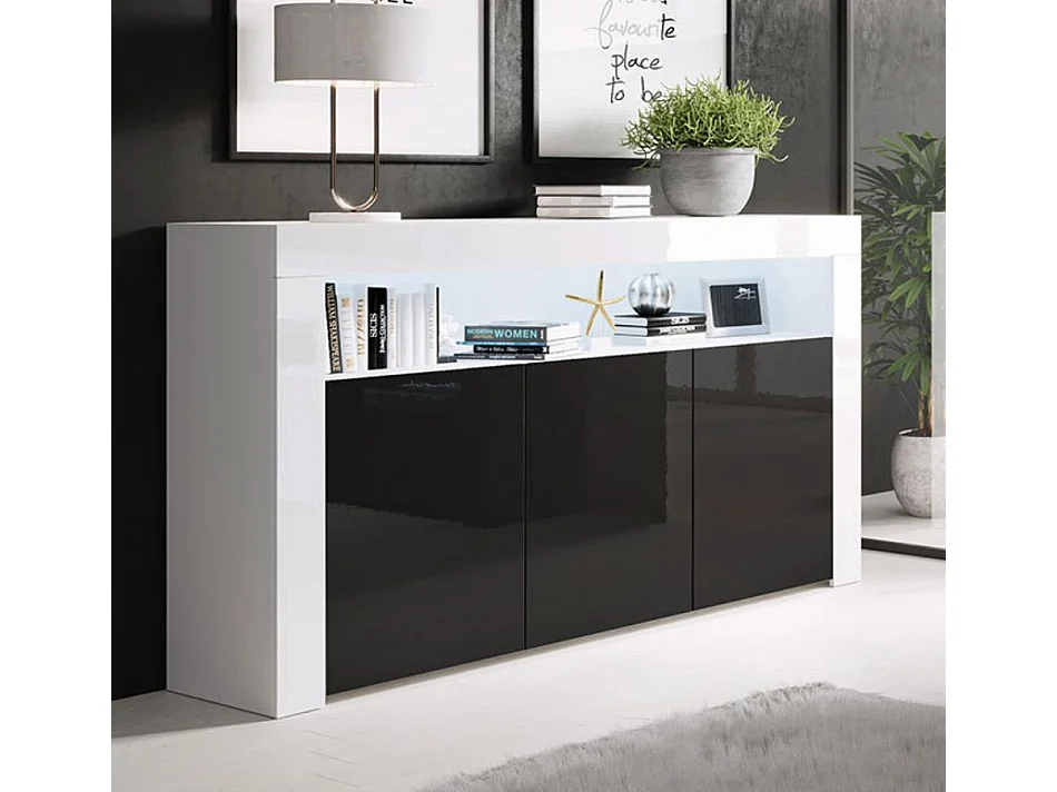 Aparador para Salón comedor en Blanco y Negro con LED 155x37x91,5cm Aker