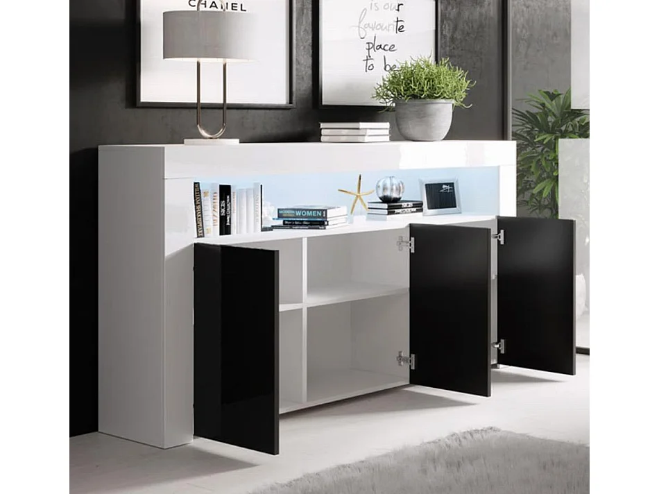 Aparador para Salón comedor en Blanco y Negro con LED 155x37x91,5cm Aker