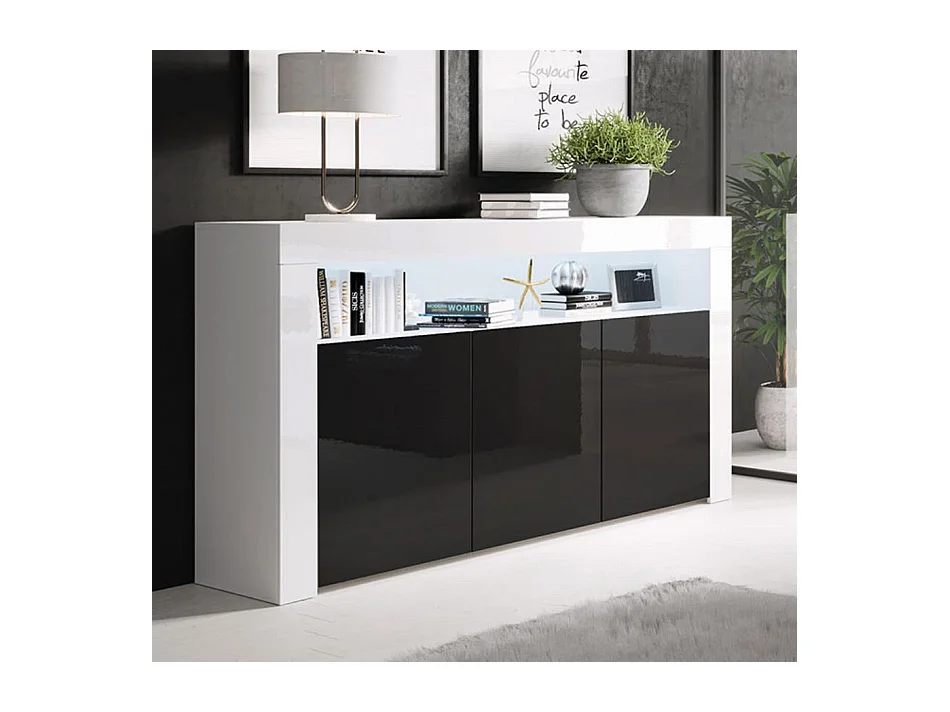 Bahut Buffet pour Salon Salle à manger en Blanc et Noir avec LED 155x37x91,5cm Aker