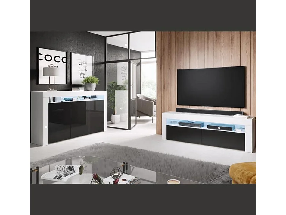 Aparador para Salón comedor en Blanco y Negro con LED 155x37x91,5cm Aker