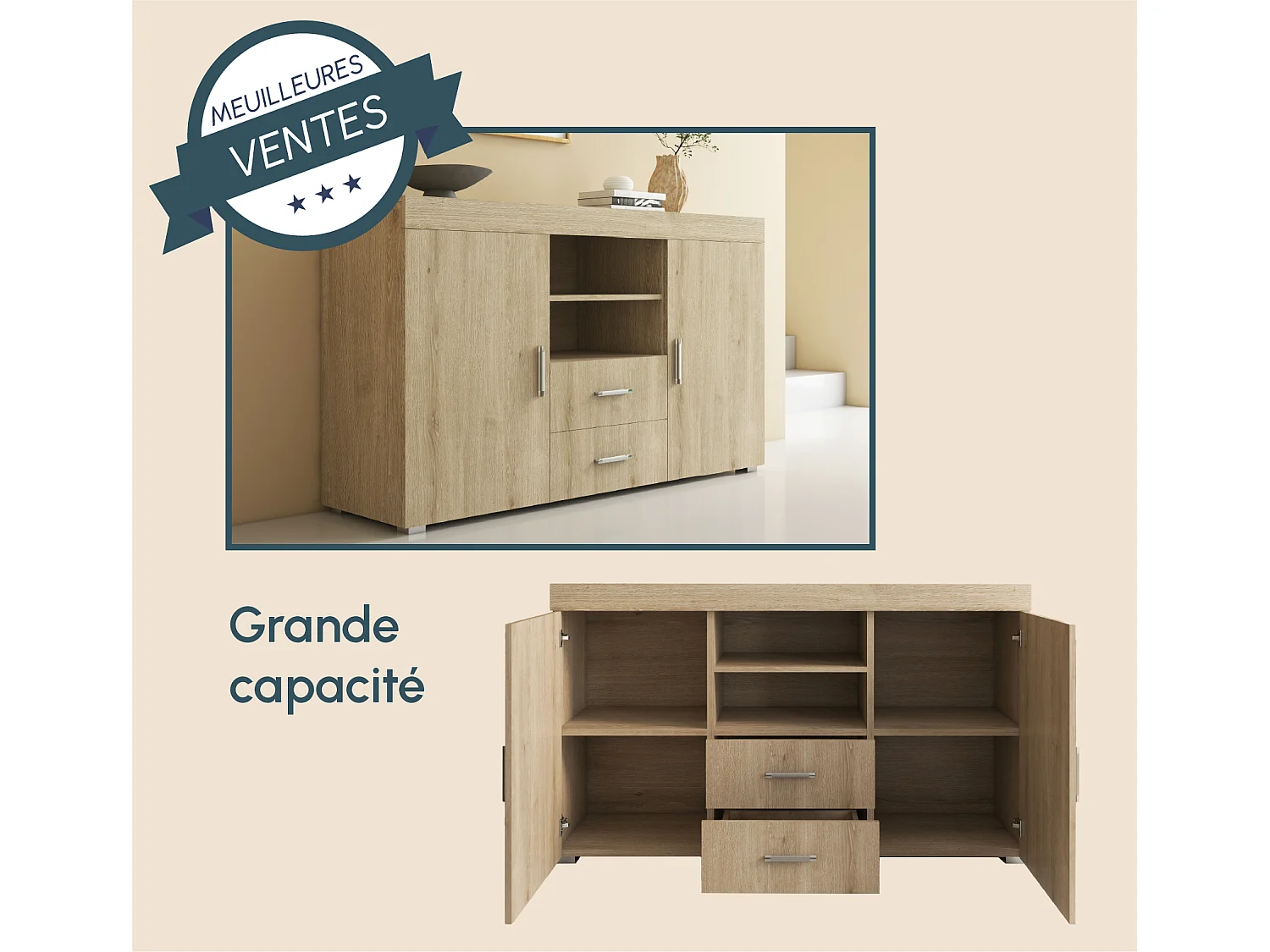 Bahut Buffet pour Salon Salle à manger en Sonoma 140x40x80cm Roque