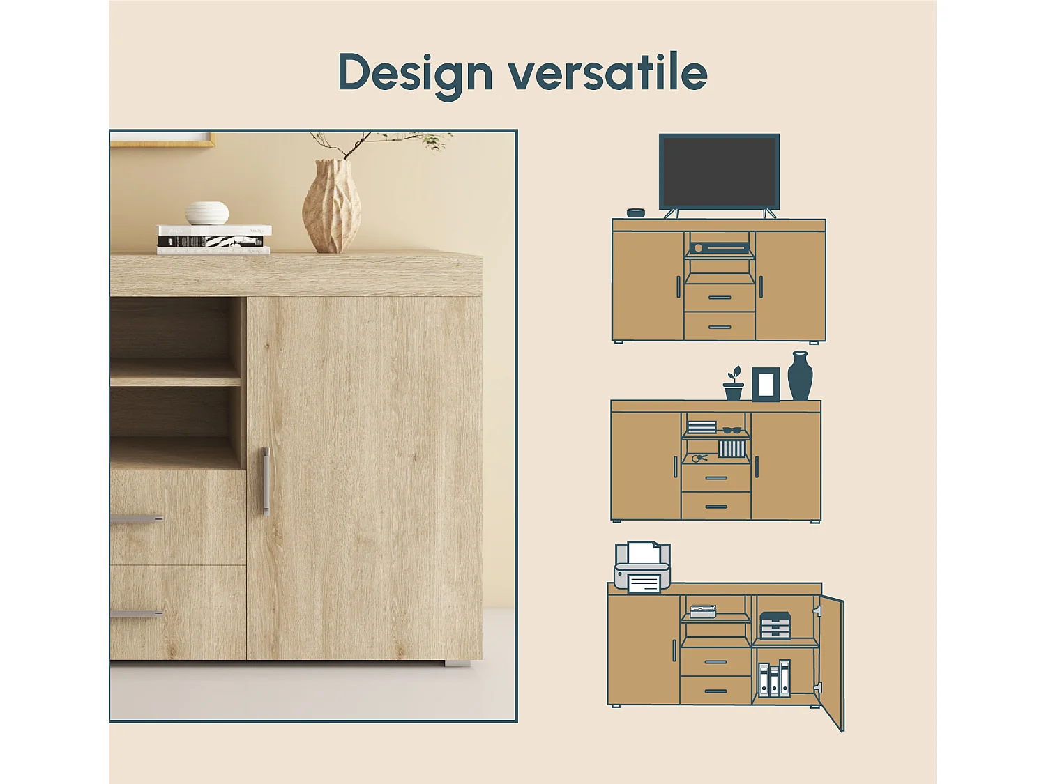 Bahut Buffet pour Salon Salle à manger en Sonoma 140x40x80cm Roque