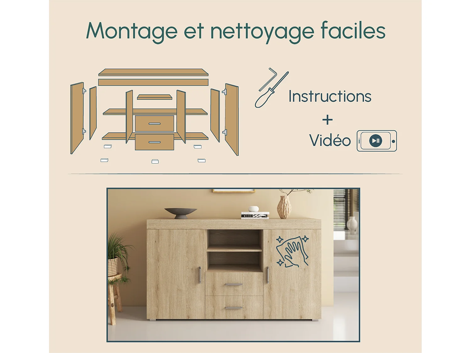 Bahut Buffet pour Salon Salle à manger en Sonoma 140x40x80cm Roque