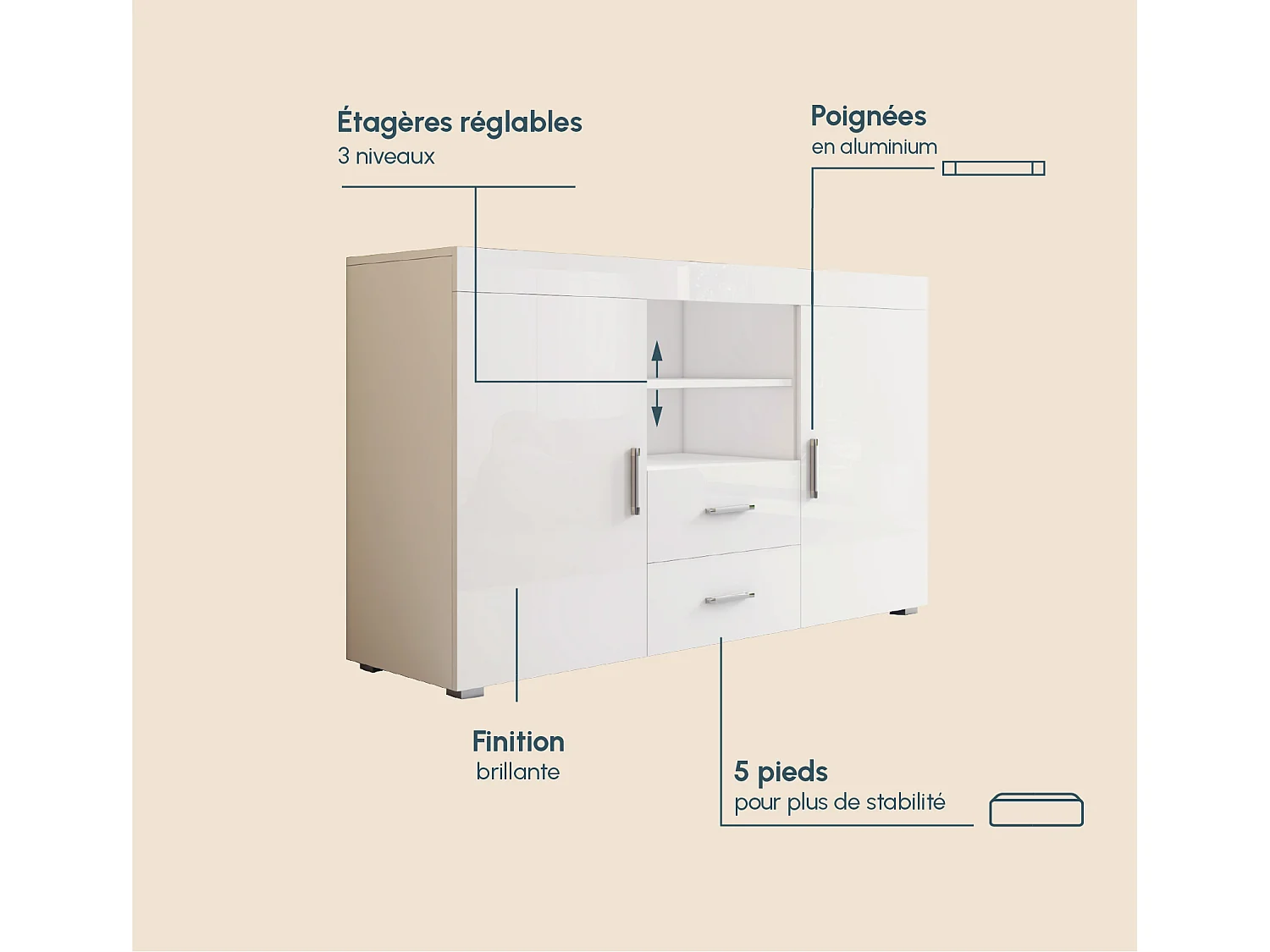 Aparador para Salón comedor en Blanco 140x40x80cm Roque