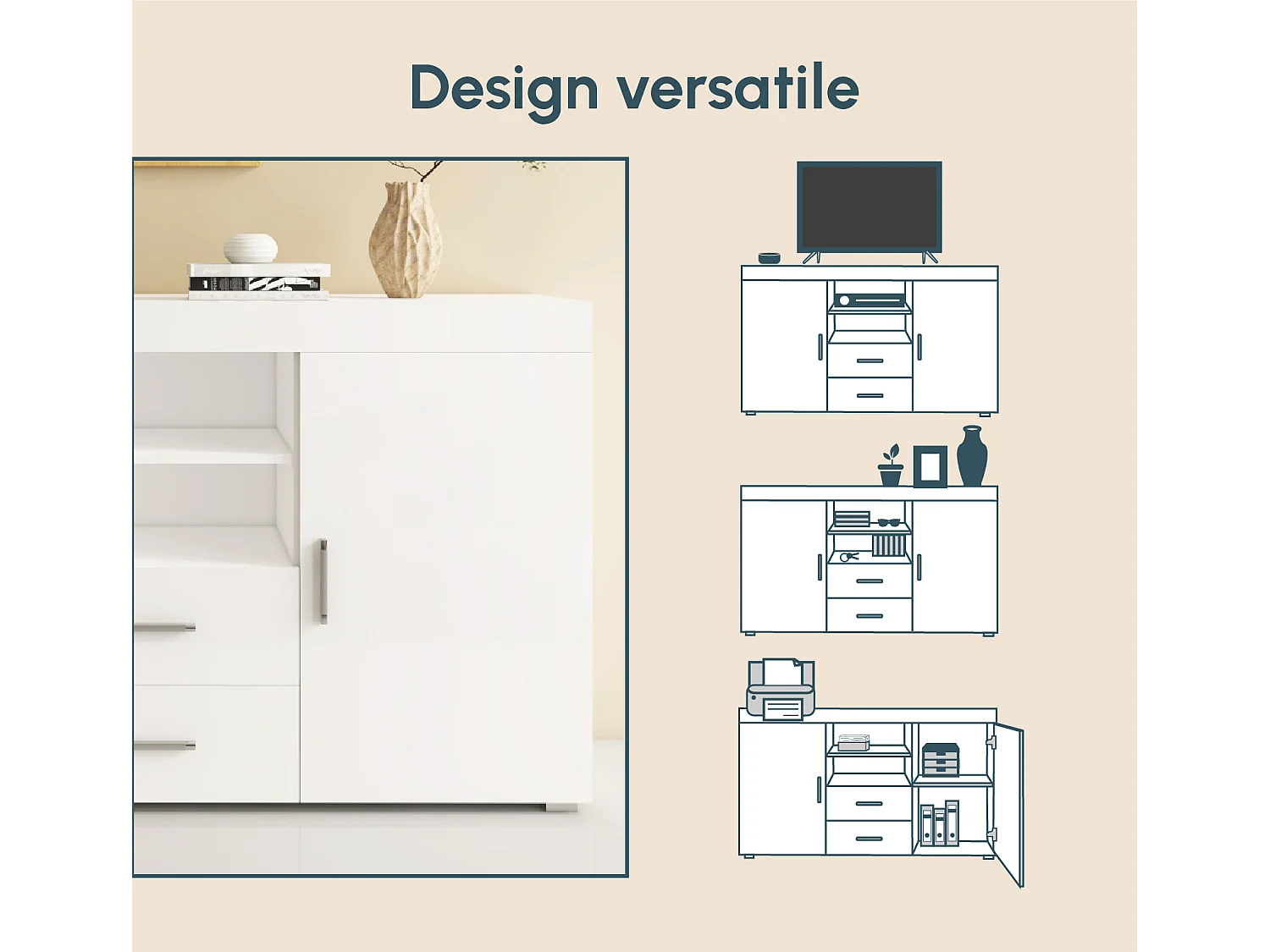 Aparador para Salón comedor en Blanco 140x40x80cm Roque