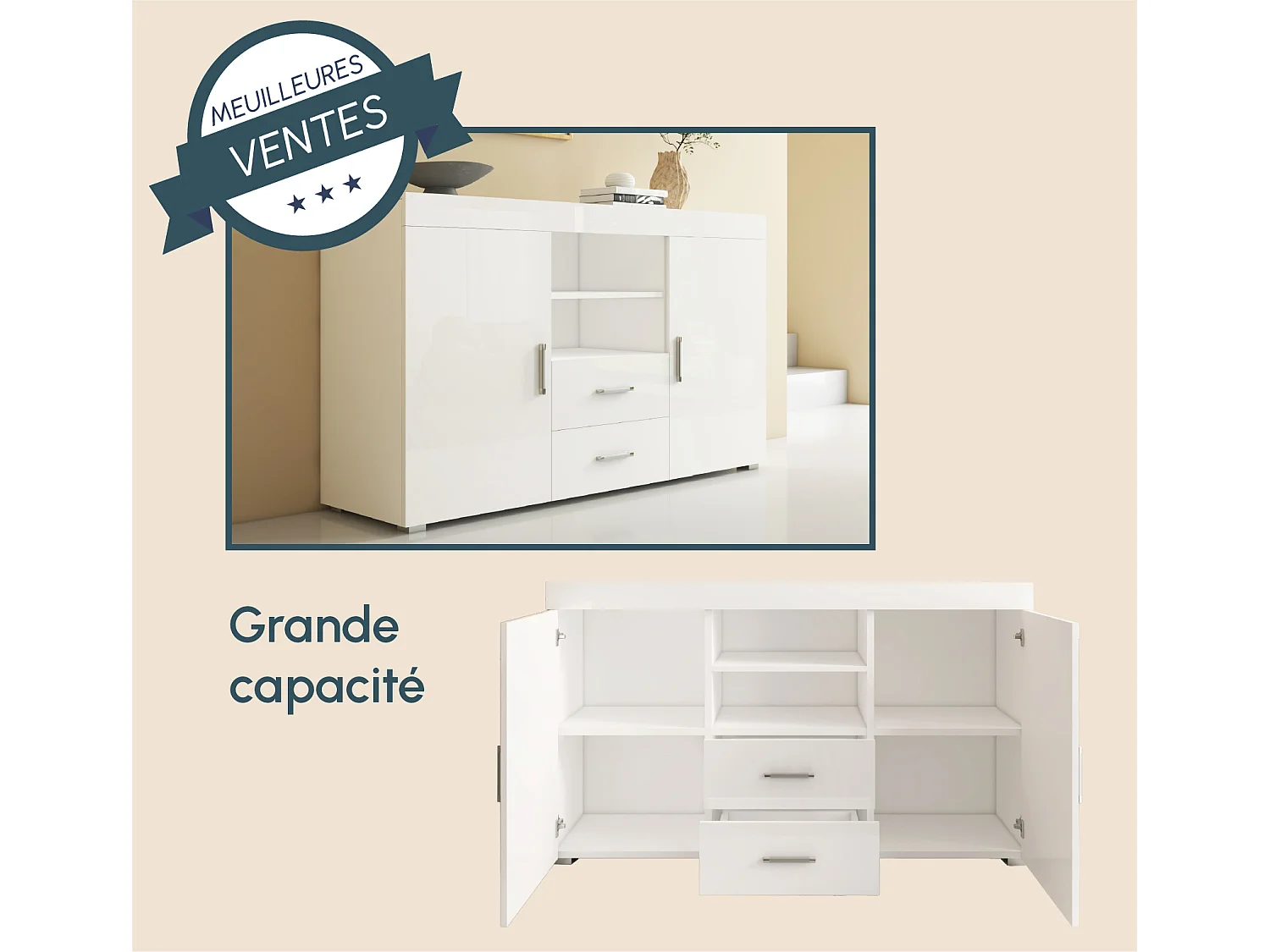 Aparador para Salón comedor en Blanco 140x40x80cm Roque