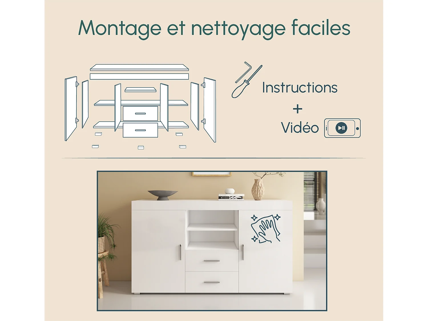 Aparador para Salón comedor en Blanco 140x40x80cm Roque