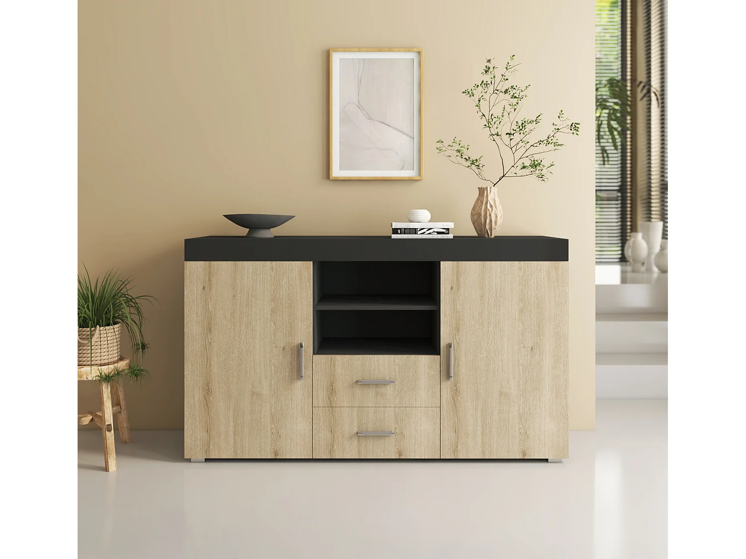 Bahut Buffet pour Salon Salle à manger en Noir et Sonoma 140x40x80cm Roque