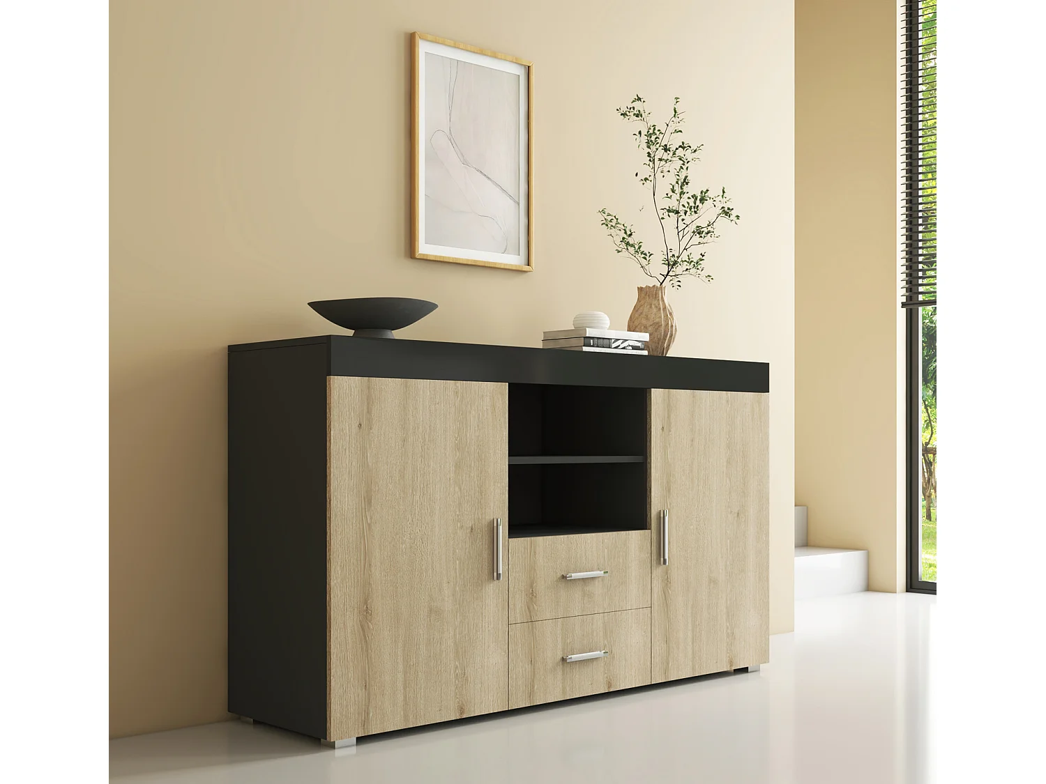 Bahut Buffet pour Salon Salle à manger en Noir et Sonoma 140x40x80cm Roque