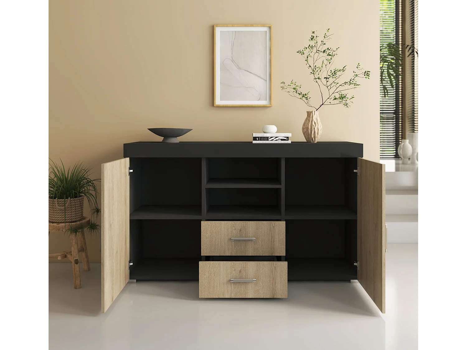 Bahut Buffet pour Salon Salle à manger en Noir et Sonoma 140x40x80cm Roque