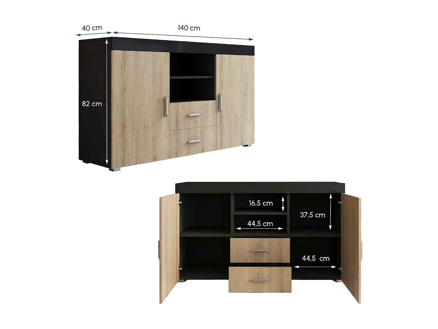 Bahut Buffet pour Salon Salle à manger en Noir et Sonoma 140x40x80cm Roque