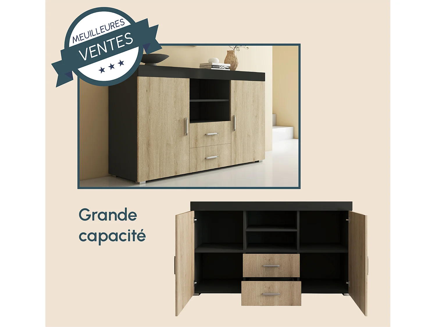 Bahut Buffet pour Salon Salle à manger en Noir et Sonoma 140x40x80cm Roque