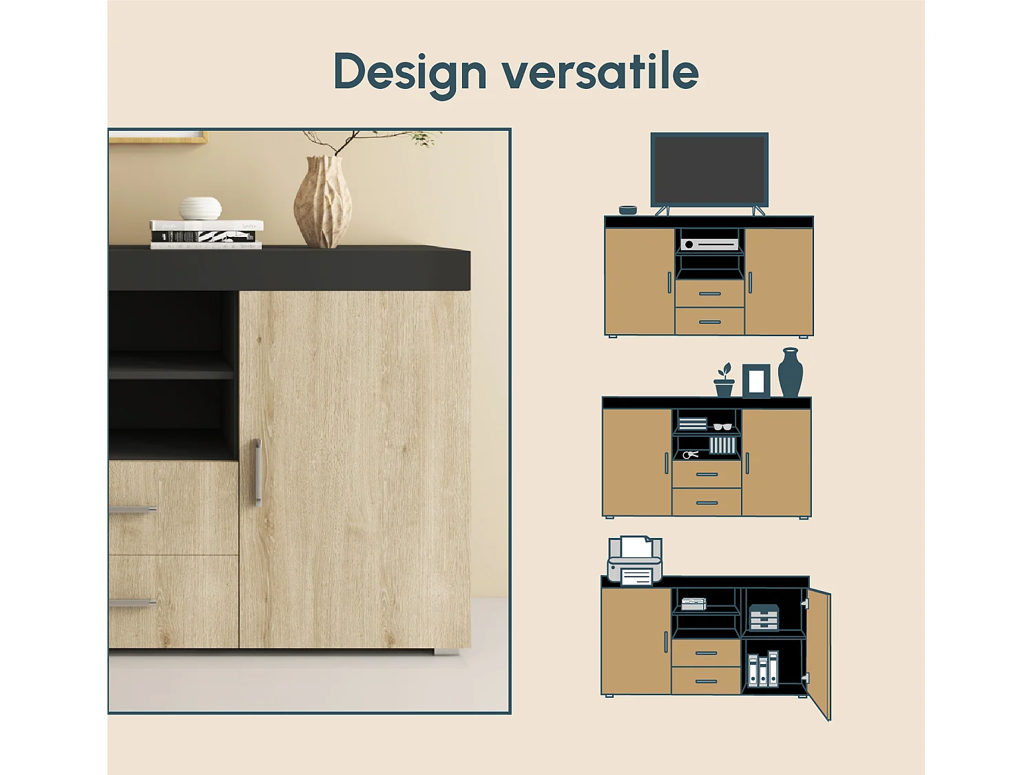 Bahut Buffet pour Salon Salle à manger en Noir et Sonoma 140x40x80cm Roque