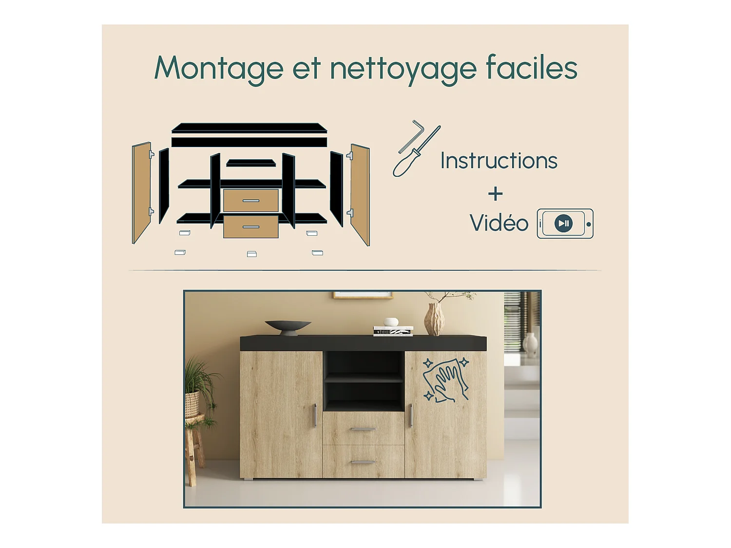 Bahut Buffet pour Salon Salle à manger en Noir et Sonoma 140x40x80cm Roque