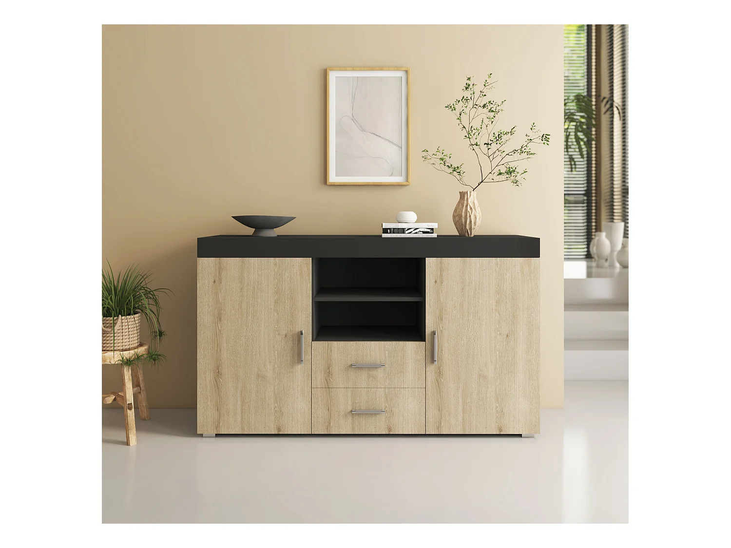 Bahut Buffet pour Salon Salle à manger en Noir et Sonoma 140x40x80cm Roque