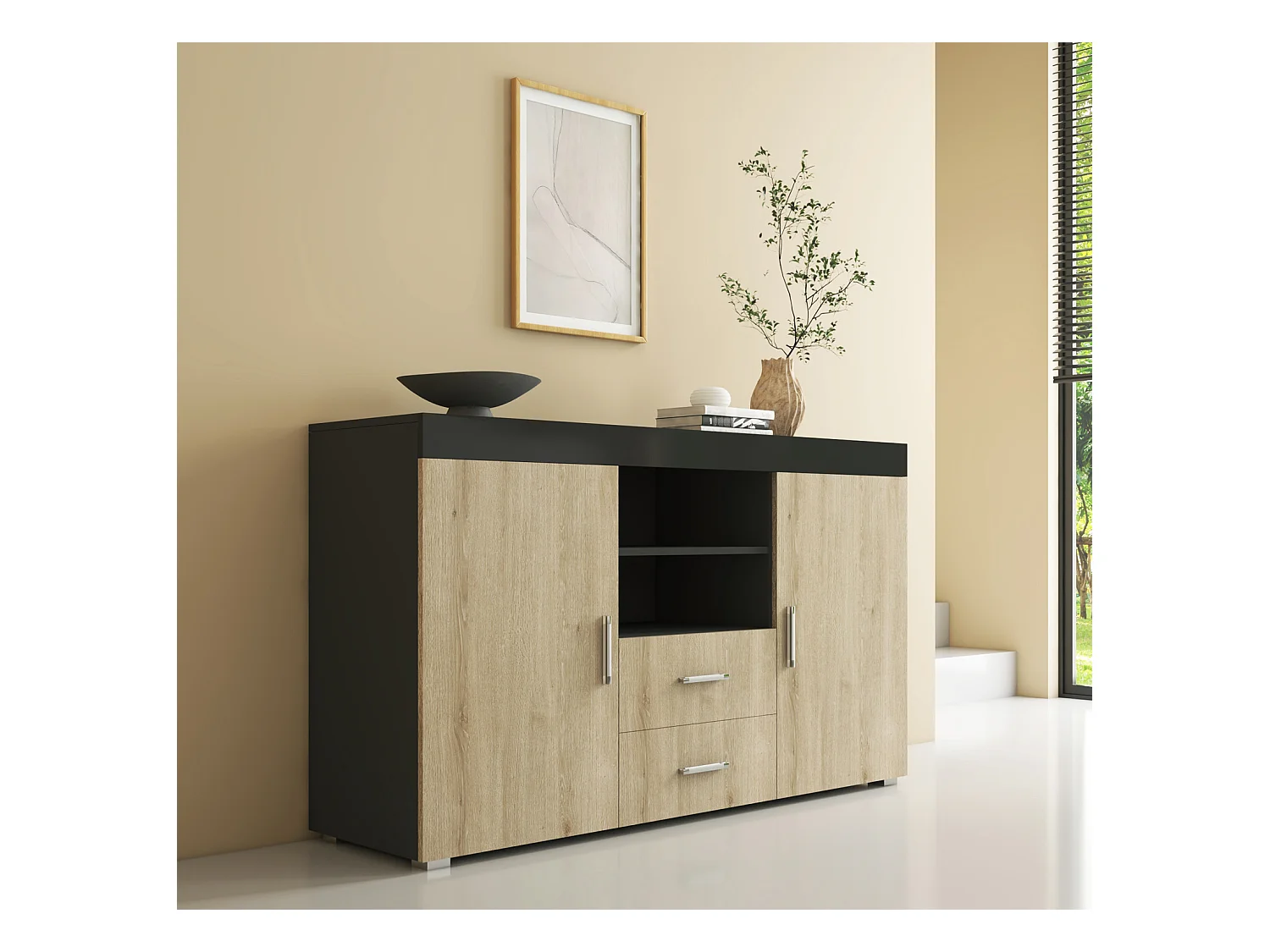 Bahut Buffet pour Salon Salle à manger en Noir et Sonoma 140x40x80cm Roque