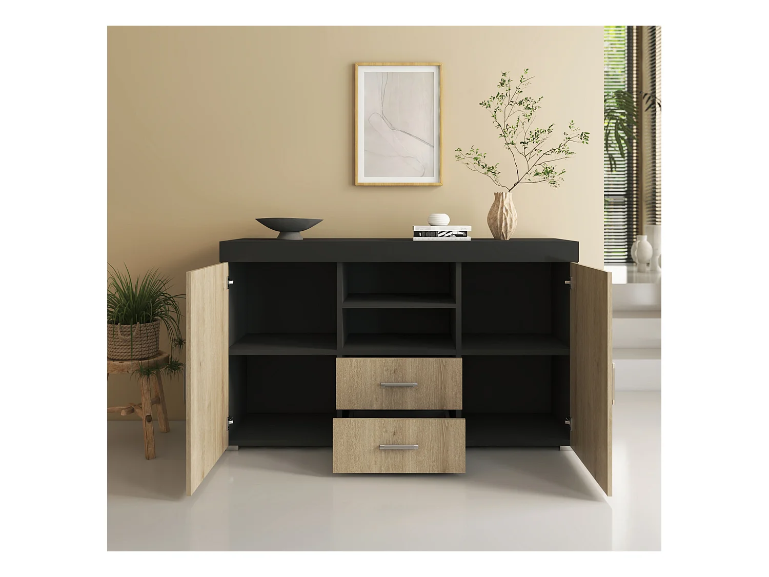 Bahut Buffet pour Salon Salle à manger en Noir et Sonoma 140x40x80cm Roque