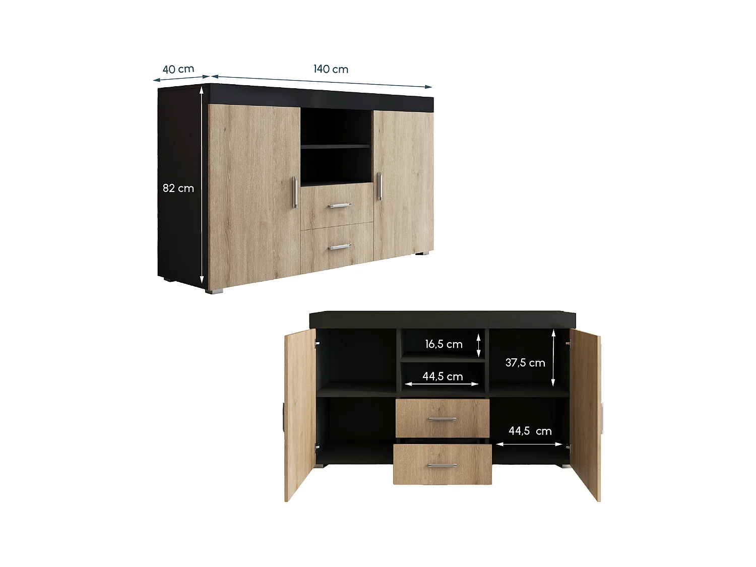Bahut Buffet pour Salon Salle à manger en Noir et Sonoma 140x40x80cm Roque