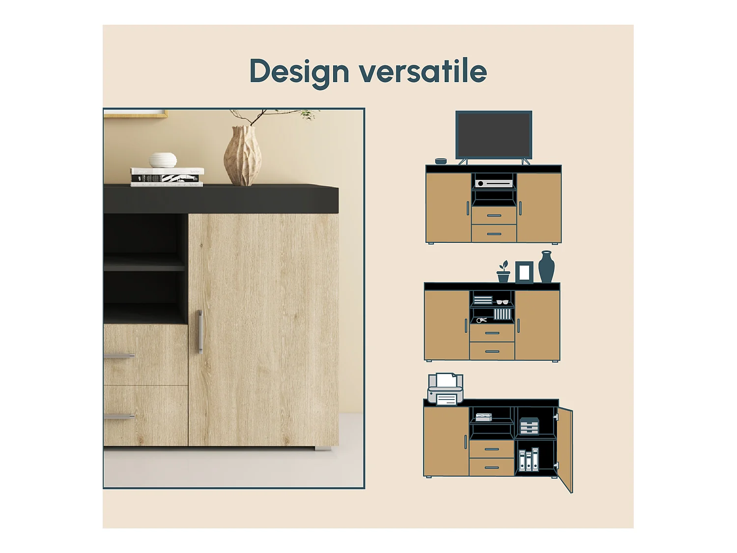 Bahut Buffet pour Salon Salle à manger en Noir et Sonoma 140x40x80cm Roque