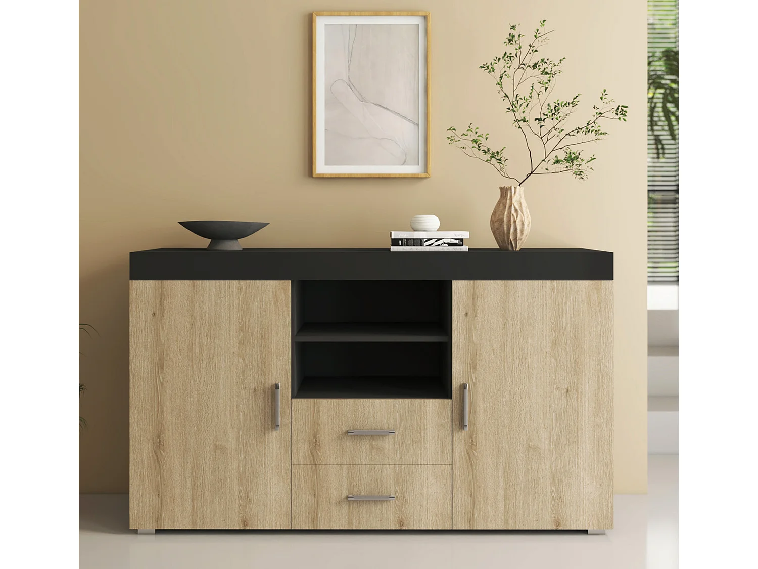 Aparador para Salón comedor en Negro y Sonoma 140x40x80cm Roque