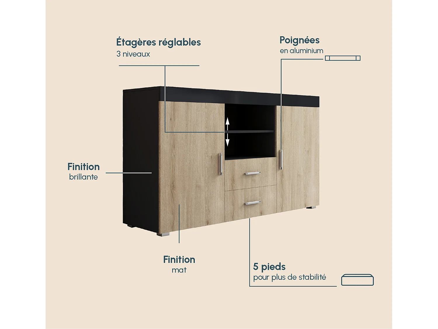 Aparador para Salón comedor en Negro y Sonoma 140x40x80cm Roque