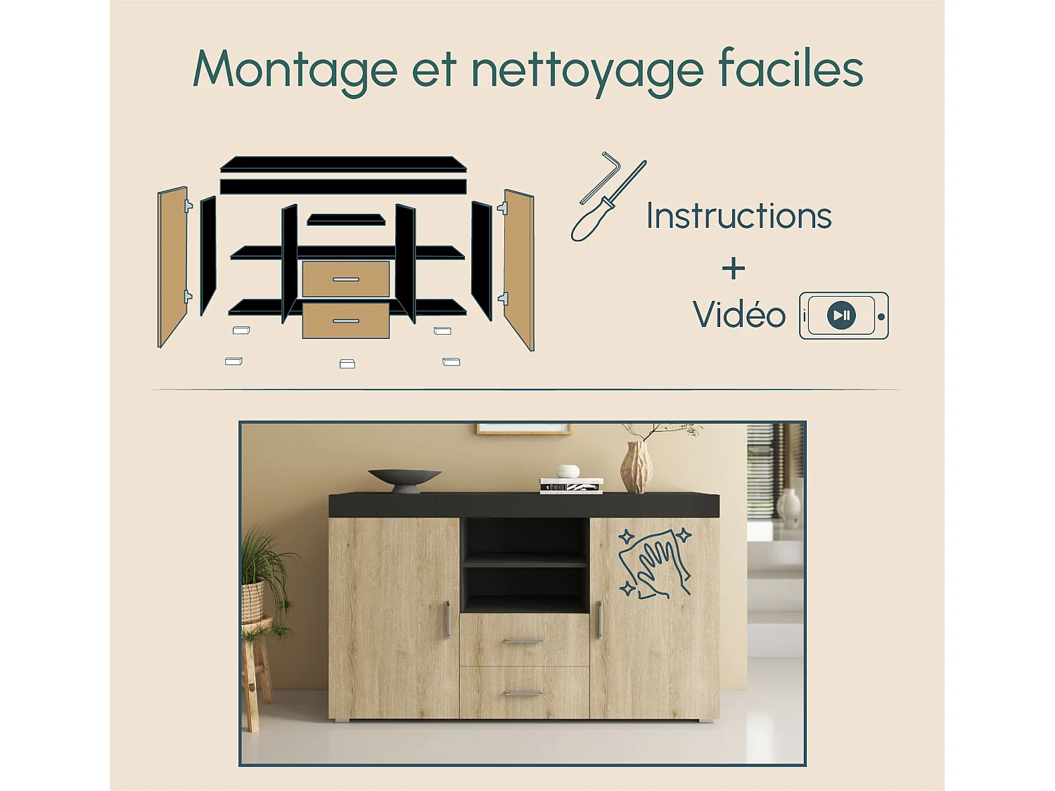 Aparador para Salón comedor en Negro y Sonoma 140x40x80cm Roque