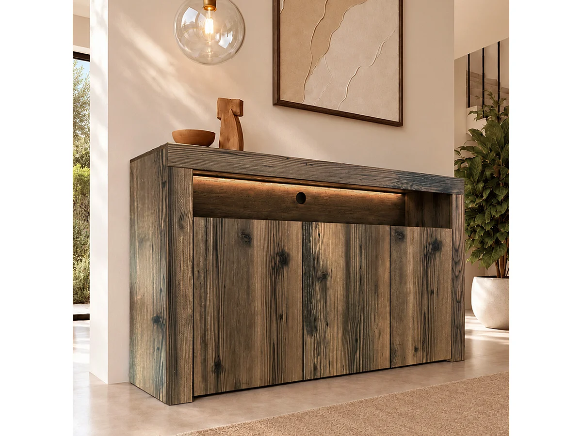 Bahut Buffet pour Salon Salle à manger en Coleur Chêne Barok avec LED 155x37x91,5cm Aker