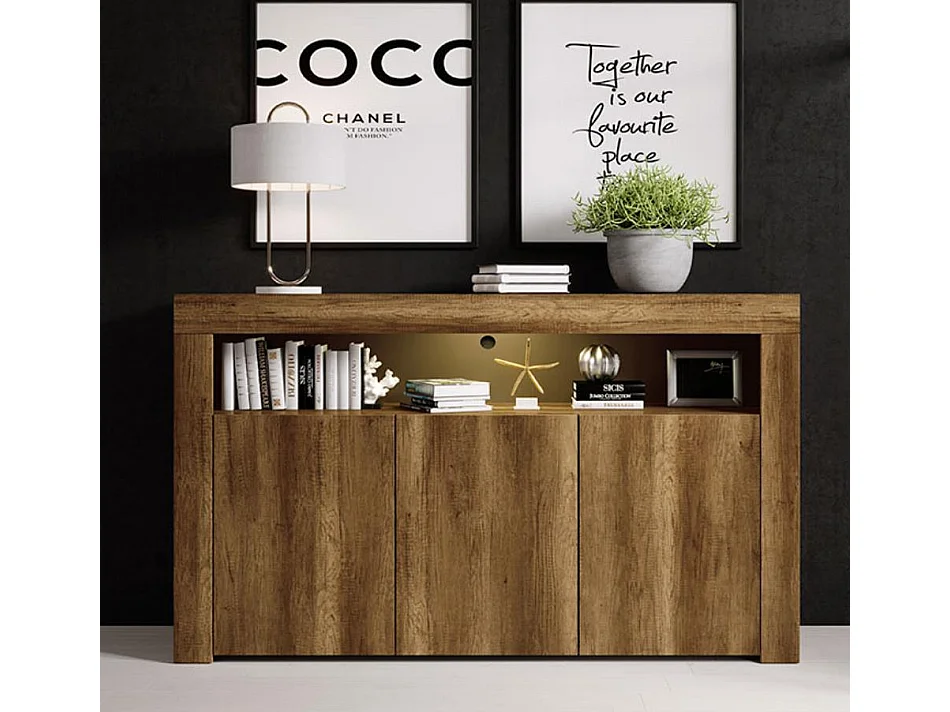Bahut Buffet pour Salon Salle à manger en Coleur Chêne Barok avec LED 155x37x91,5cm Aker