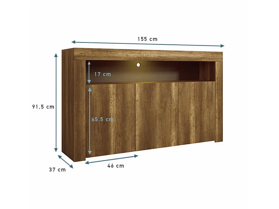 Bahut Buffet pour Salon Salle à manger en Coleur Chêne Barok avec LED 155x37x91,5cm Aker