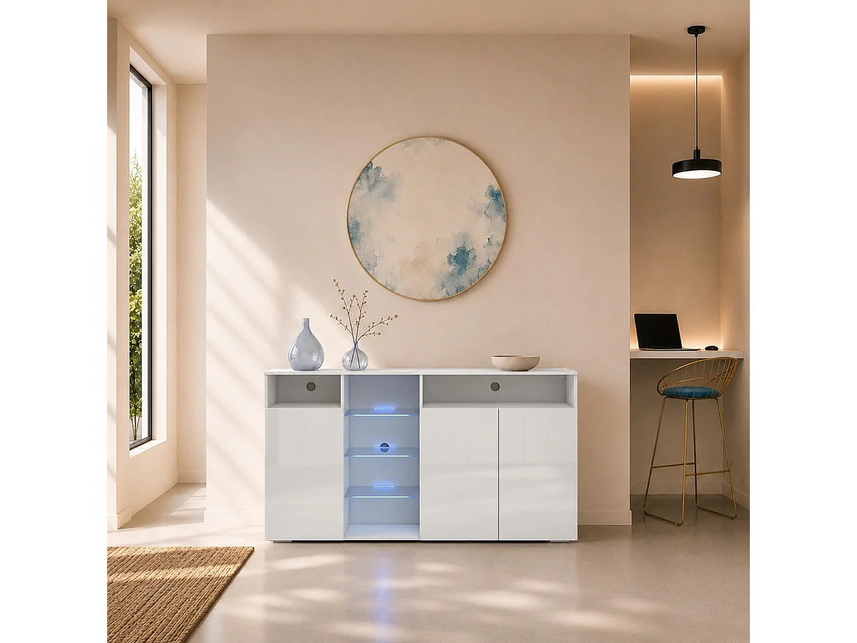 Aparador para Salón comedor en Blanco con LED 150x40x82cm Luke A1