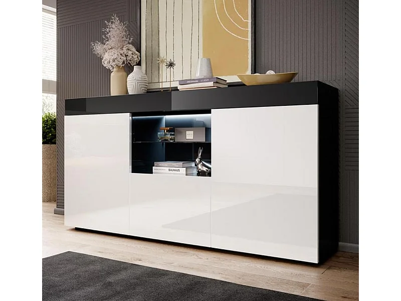 Bahut Buffet pour Salon Salle à manger en Noir et Blanc avec LED 135x34x73cm Sefora