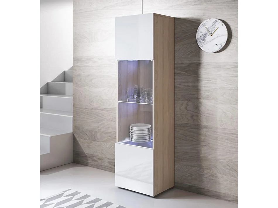 Vitrine pour Salon Salle à manger en Sonoma et Blanc avec LED 40x29x167cm Luke V6