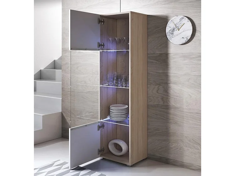 Vitrine pour Salon Salle à manger en Sonoma et Blanc avec LED 40x29x167cm Luke V6