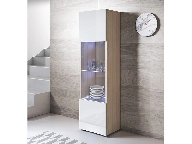 Vitrine pour Salon Salle à manger en Sonoma et Blanc avec LED 40x29x167cm Luke V6
