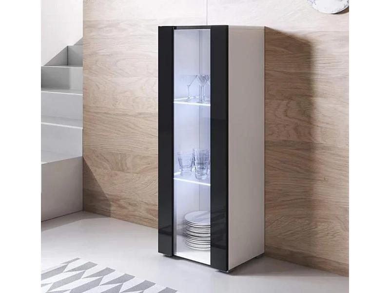 Vitrina para Salón comedor en Blanco y Negro con LED 40x29x128cm Luke V2