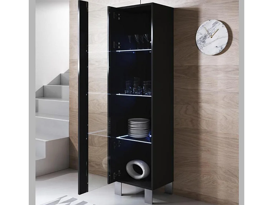 Vitrine pour Salon Salle à manger en Noir avec LED 40x29x177cm Luke V5