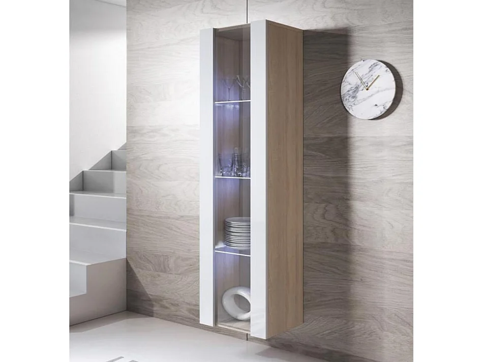 Vitrine pour Salon Salle à manger en Sonoma et Blanc avec LED 40x29x165cm Luke V5