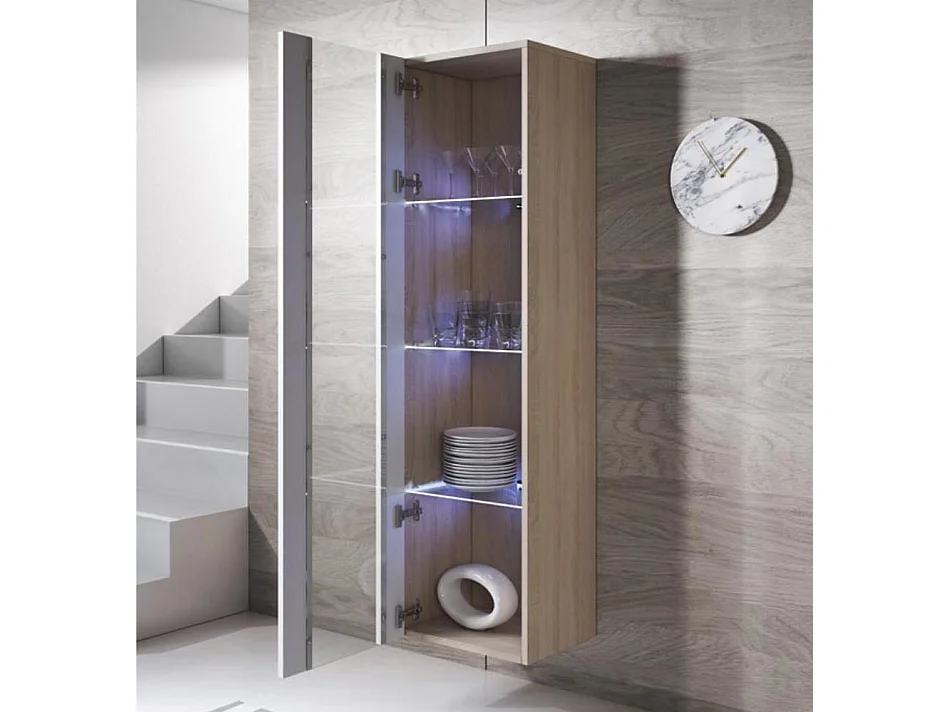 Vitrine pour Salon Salle à manger en Sonoma et Blanc avec LED 40x29x165cm Luke V5