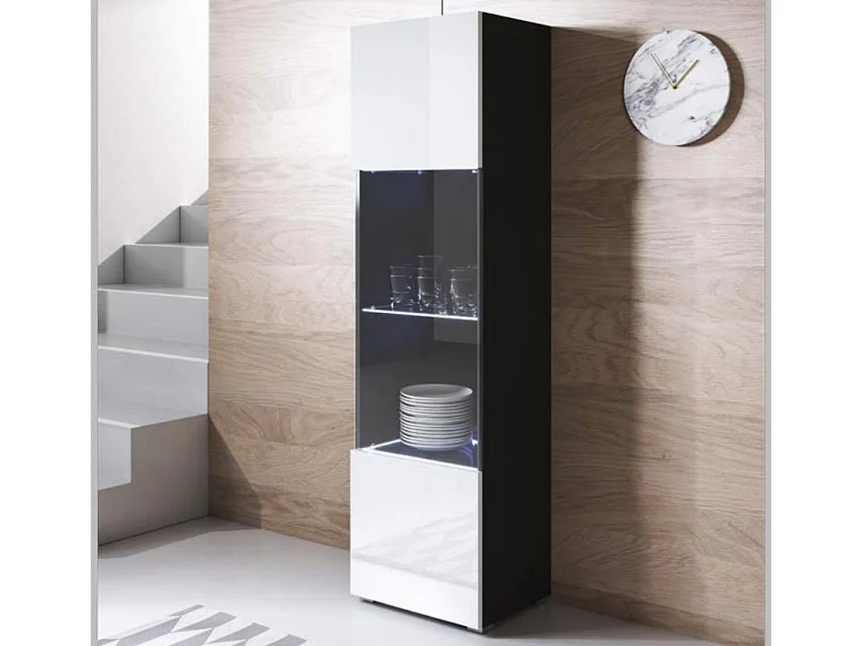 Vitrine pour Salon Salle à manger en Noir et Blanc avec LED 40x29x167cm Luke V6