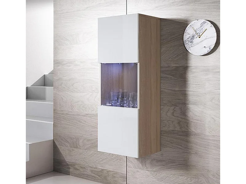 Vitrine pour Salon Salle à manger en Sonoma et Blanc avec LED 40x29x126cm Luke V3
