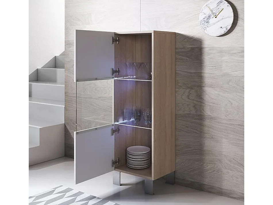 Vitrine pour Salon Salle à manger en Sonoma et Blanc avec LED 40x29x138cm Luke V3