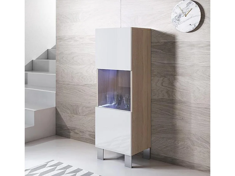 Vitrina para Salón comedor en Sonoma y Blanco con LED 40x29x138cm Luke V3