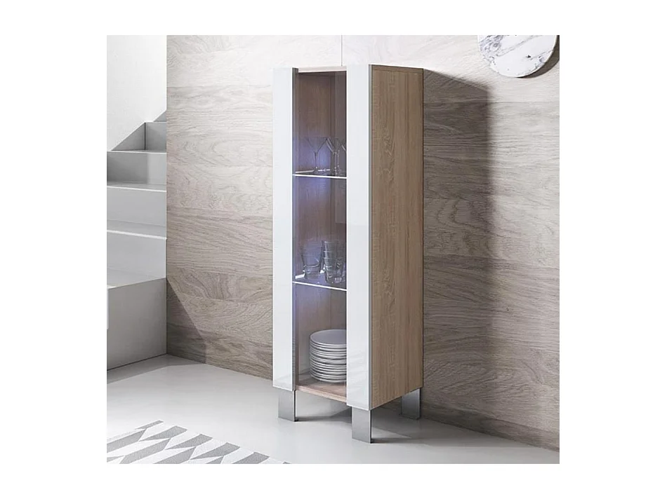 Vitrine pour Salon Salle à manger en Sonoma et Blanc avec LED 40x29x138cm Luke V2