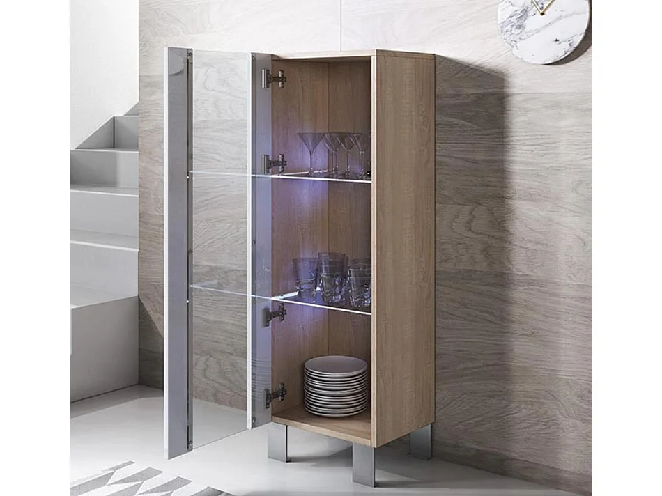 Vitrine pour Salon Salle à manger en Sonoma et Blanc avec LED 40x29x138cm Luke V2