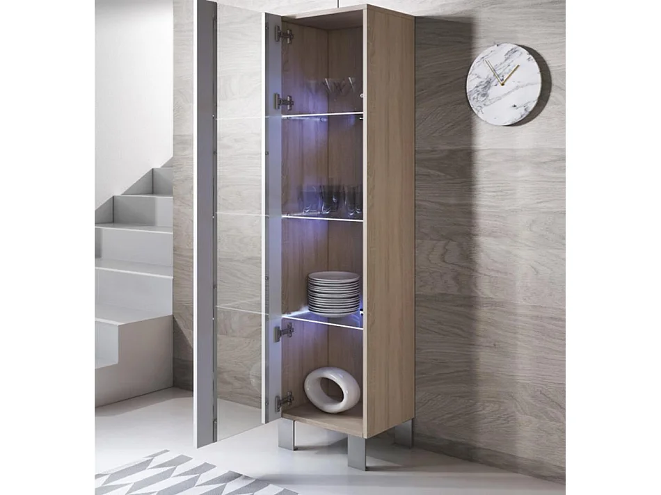 Vitrine pour Salon Salle à manger en Sonoma et Blanc avec LED 40x29x177cm Luke V5