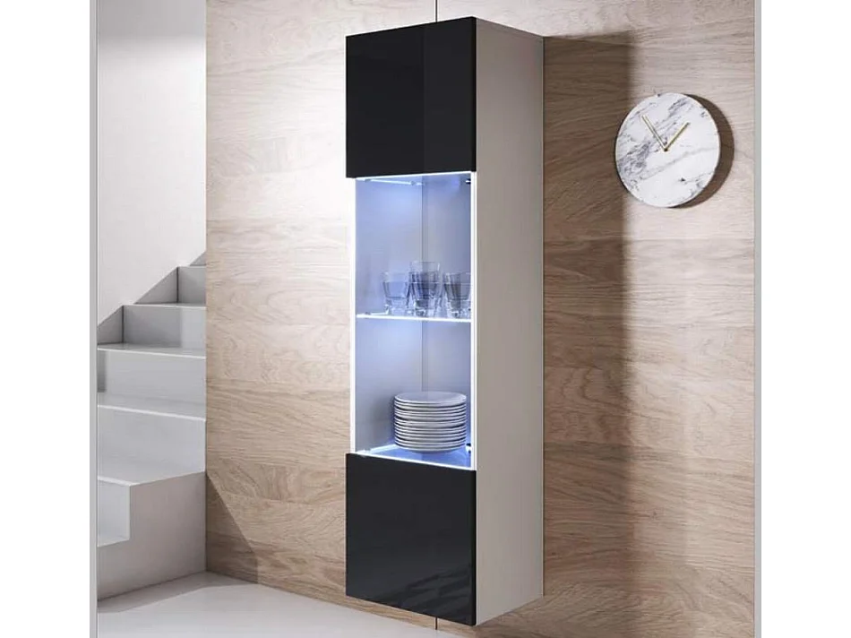 Vitrine pour Salon Salle à manger en Blanc et Noir avec LED 40x29x165cm Luke V6