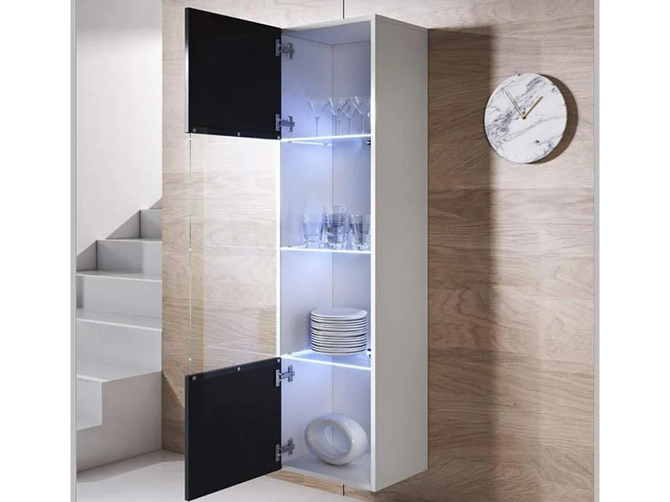 Vitrine pour Salon Salle à manger en Blanc et Noir avec LED 40x29x165cm Luke V6