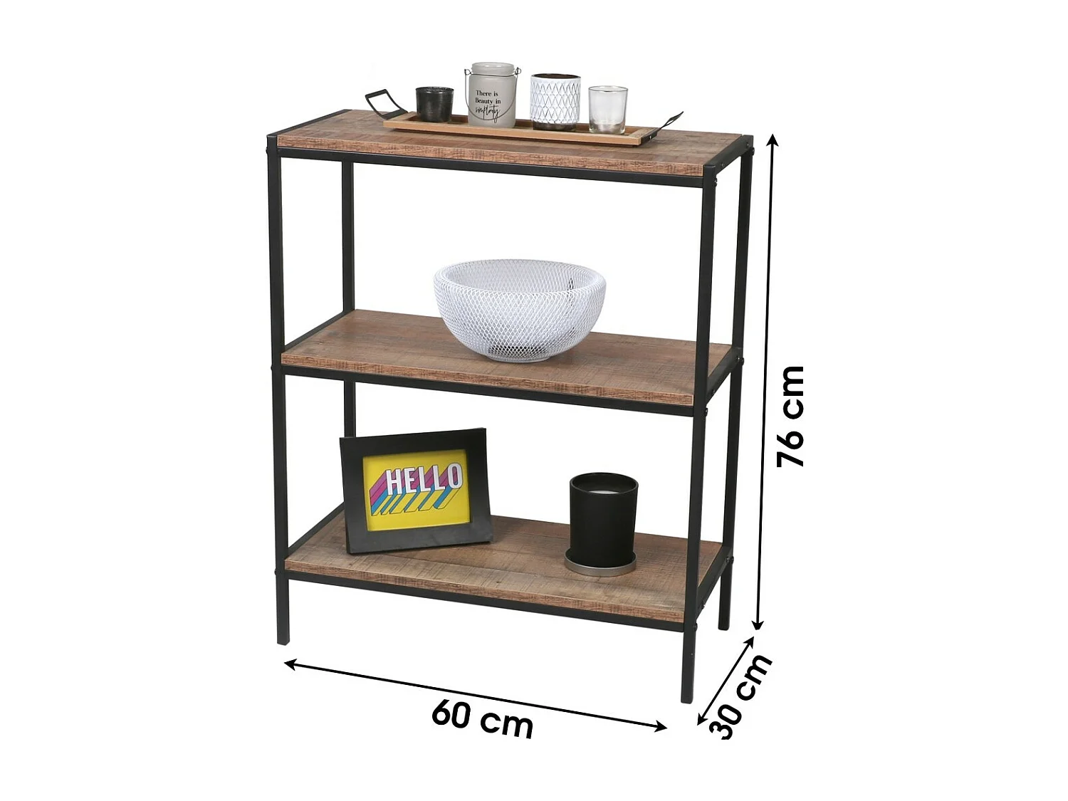 Petite étagère ouverte à 3 niveaux – 60x30x76 cm, coloris chêne et noir – Collection OAKLANDER