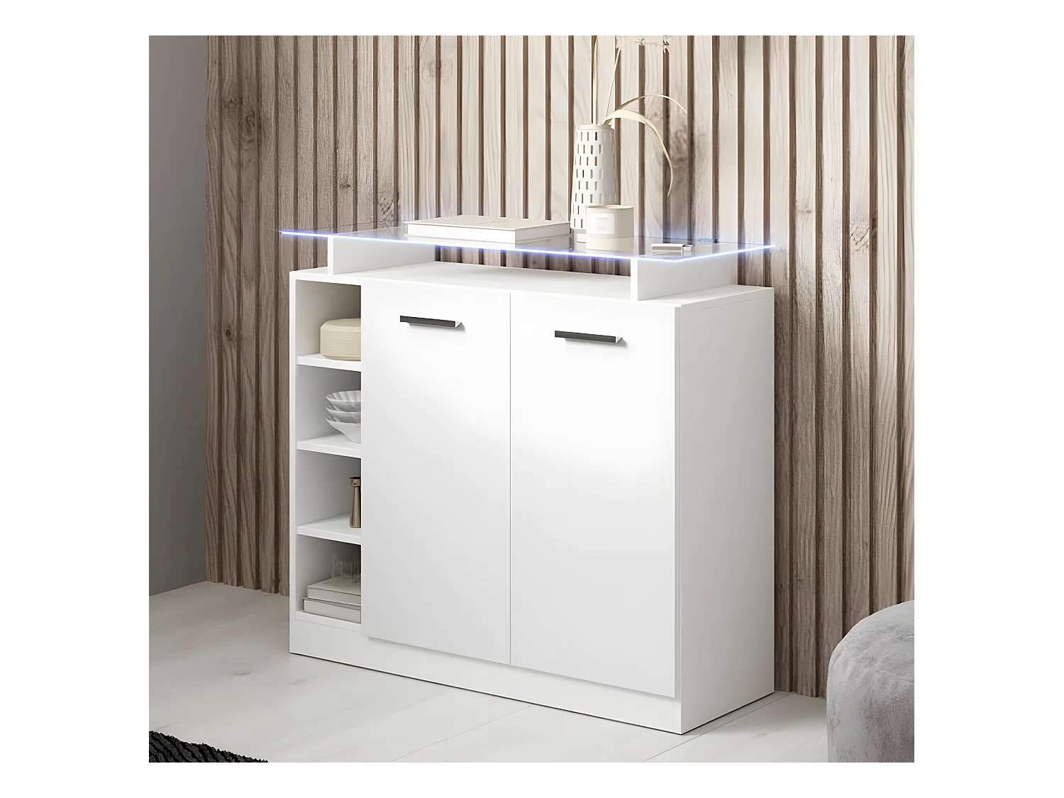Meuble d'entrée pour Hall d'entrée Couloir en Blanc avec LED 97x35x87cm Paola 2P